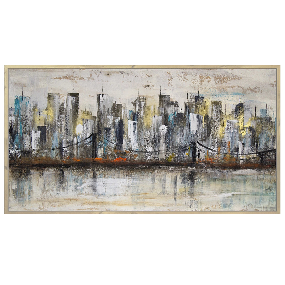 Pintura urbana con skyline y reflejo en agua