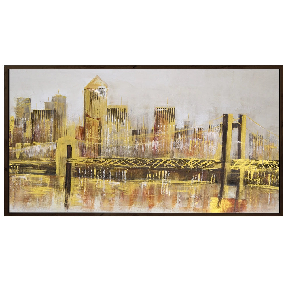 Cuadro de ciudad nocturna en tonos dorados