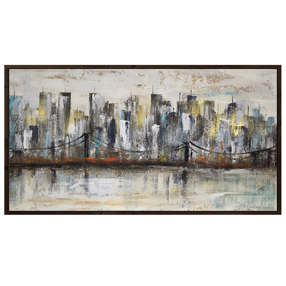 Pintura urbana con skyline y reflejo en agua