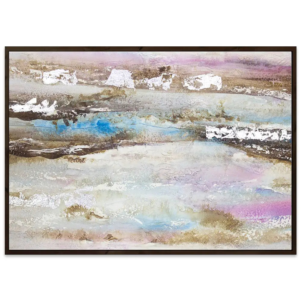 Pintura abstracta acrílica en tonos malva y plata