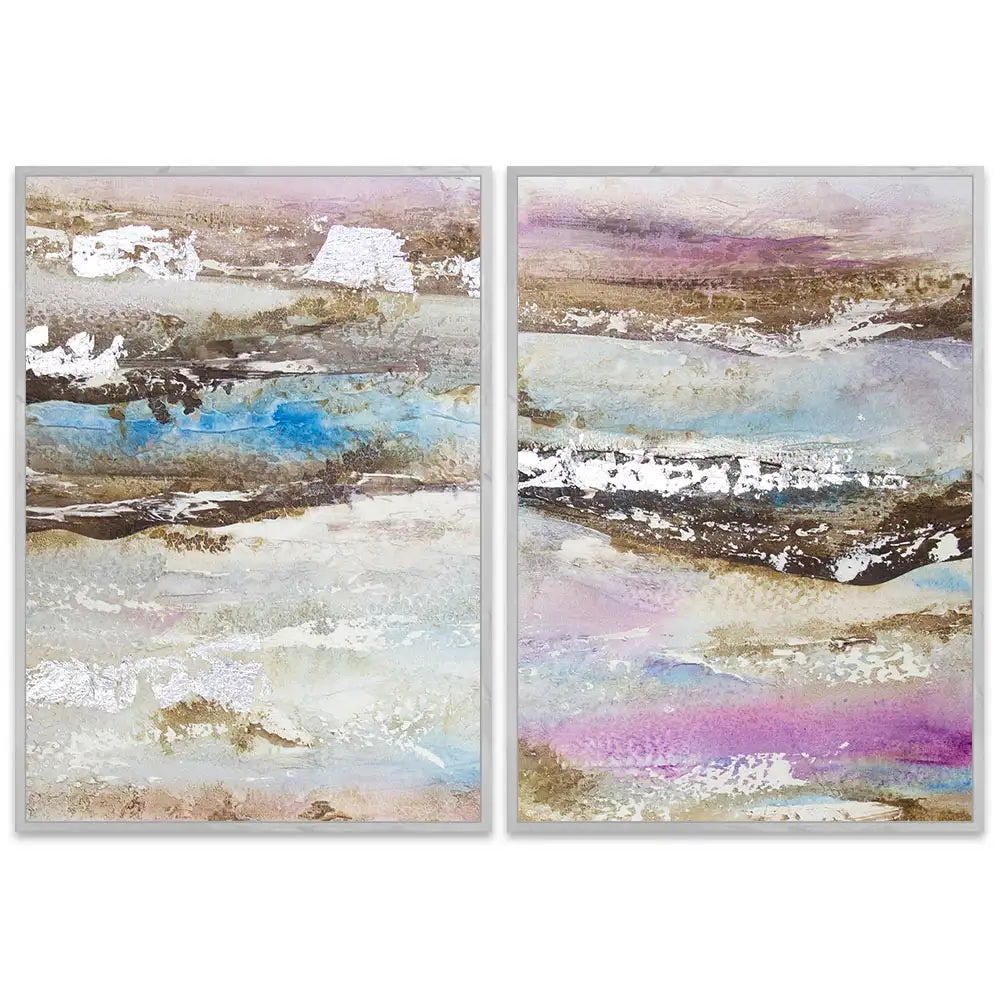 Pintura abstracta acrílica en tonos malva y plata