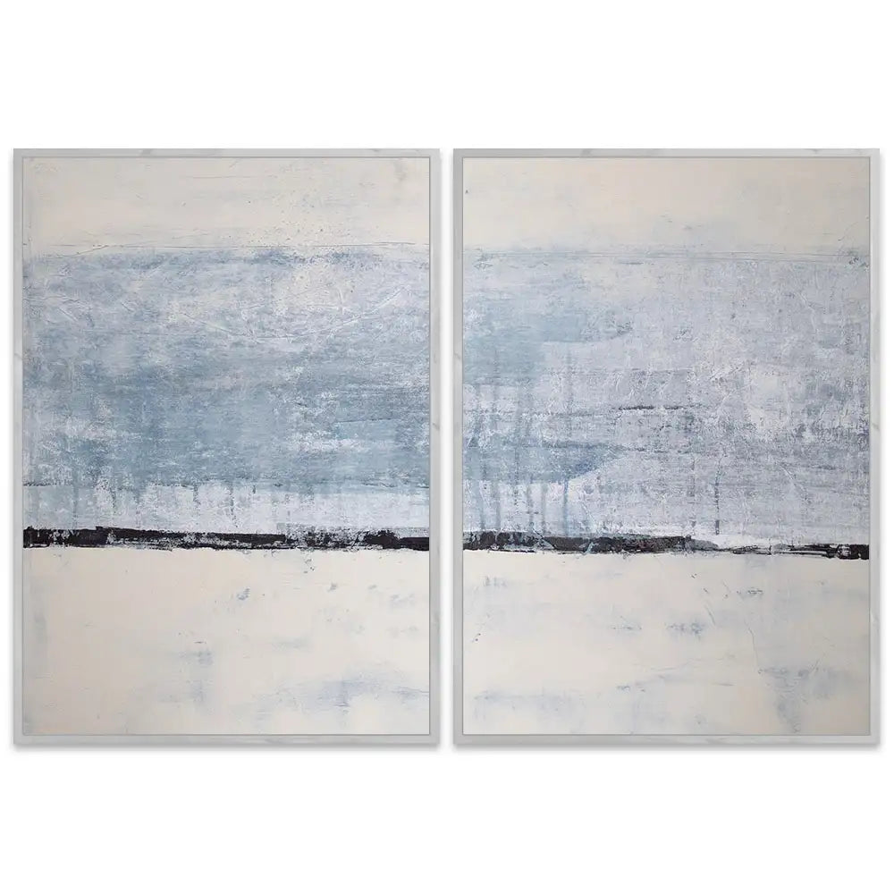 Cuadro pintado a mano original en tonos azul niebla y blanco