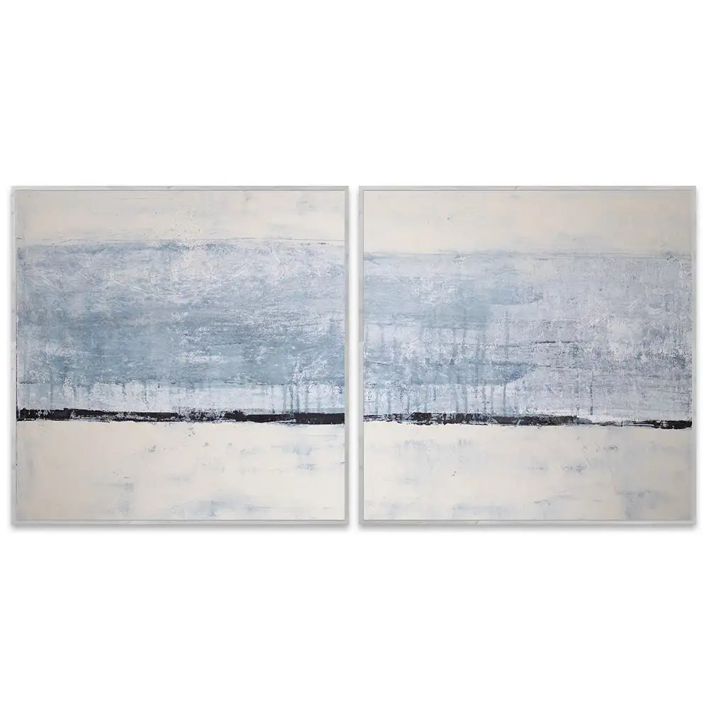 Cuadro pintado a mano original en tonos azul niebla y blanco