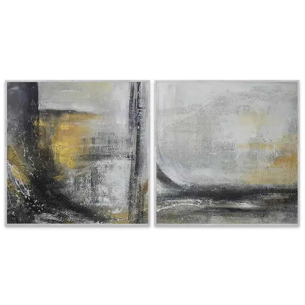Cuadro abstracto pintado a mano con textura en tonos dorados y gris