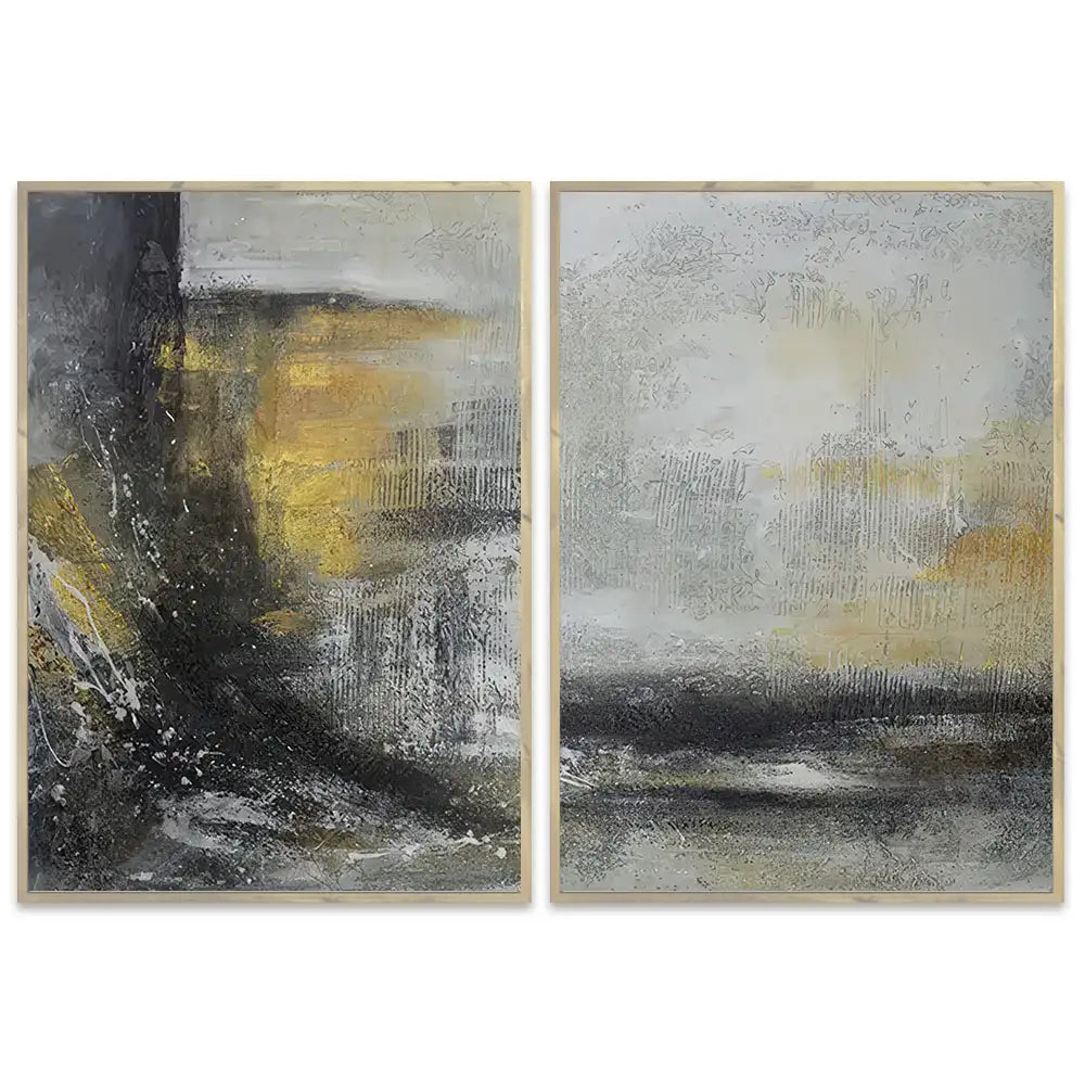 Cuadro abstracto pintado a mano con textura en tonos dorados y gris