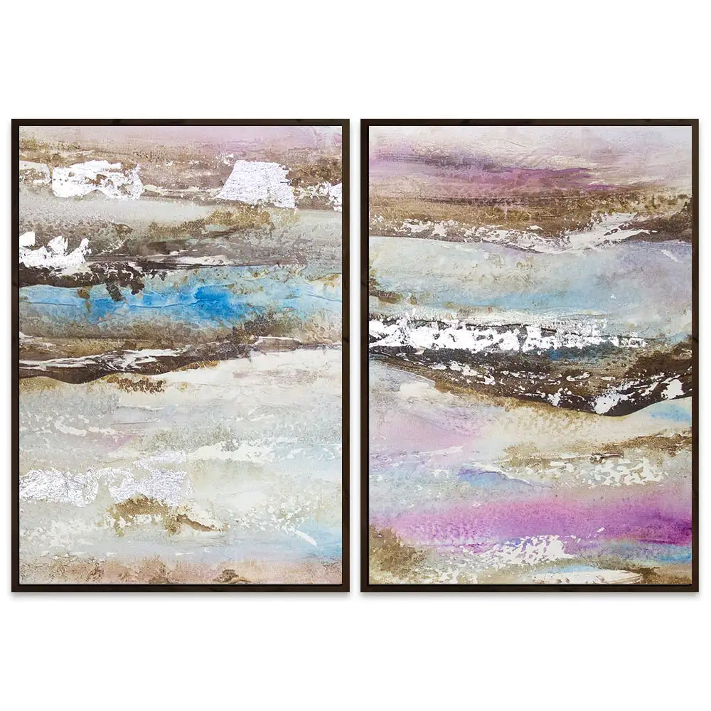 Pintura abstracta acrílica en tonos malva y plata