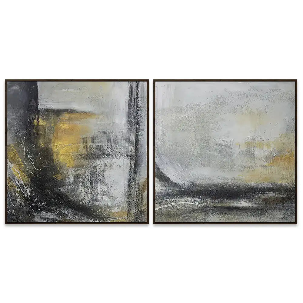 Cuadro abstracto pintado a mano con textura en tonos dorados y gris