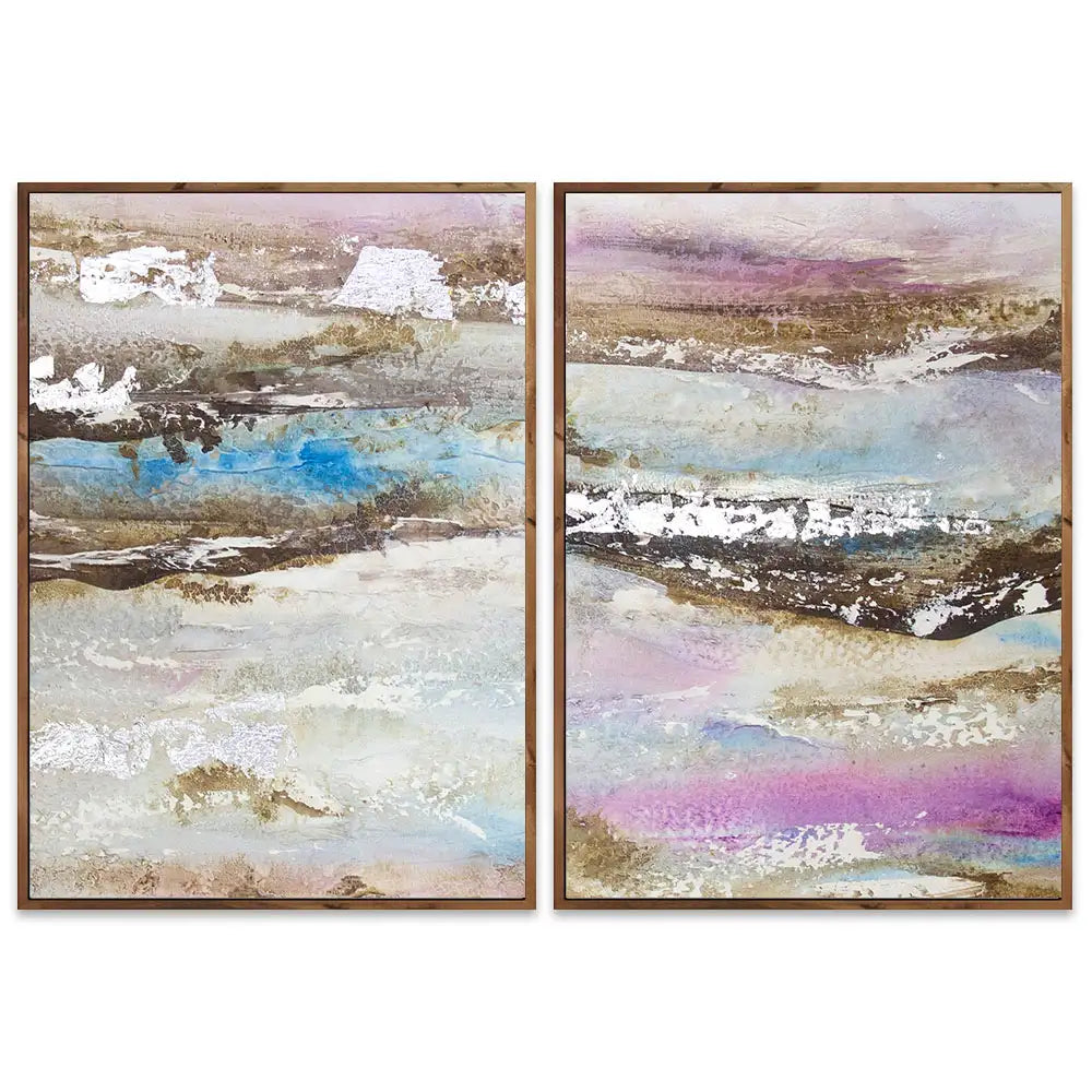 Pintura abstracta acrílica en tonos malva y plata