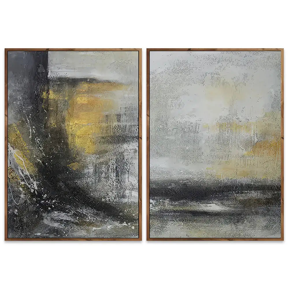 Cuadro abstracto pintado a mano con textura en tonos dorados y gris