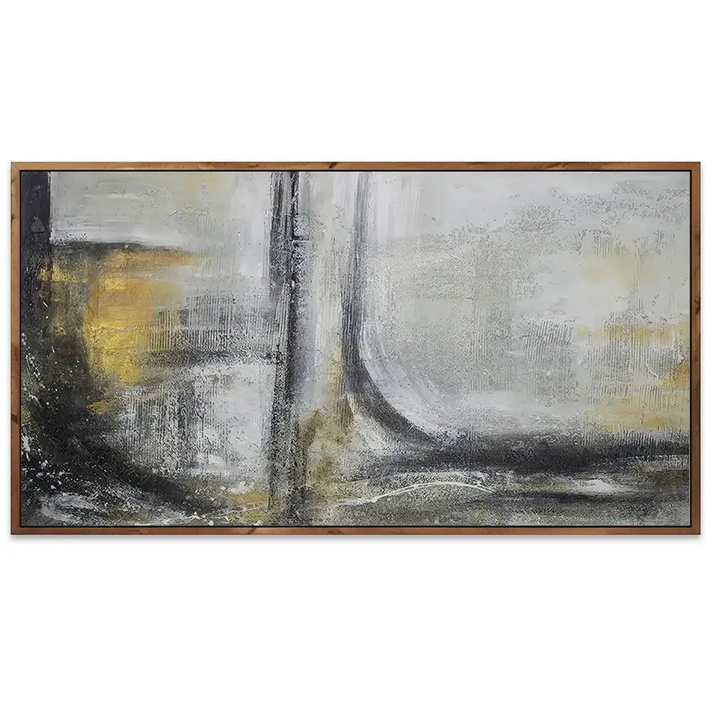 Cuadro abstracto pintado a mano con textura en tonos dorados y gris