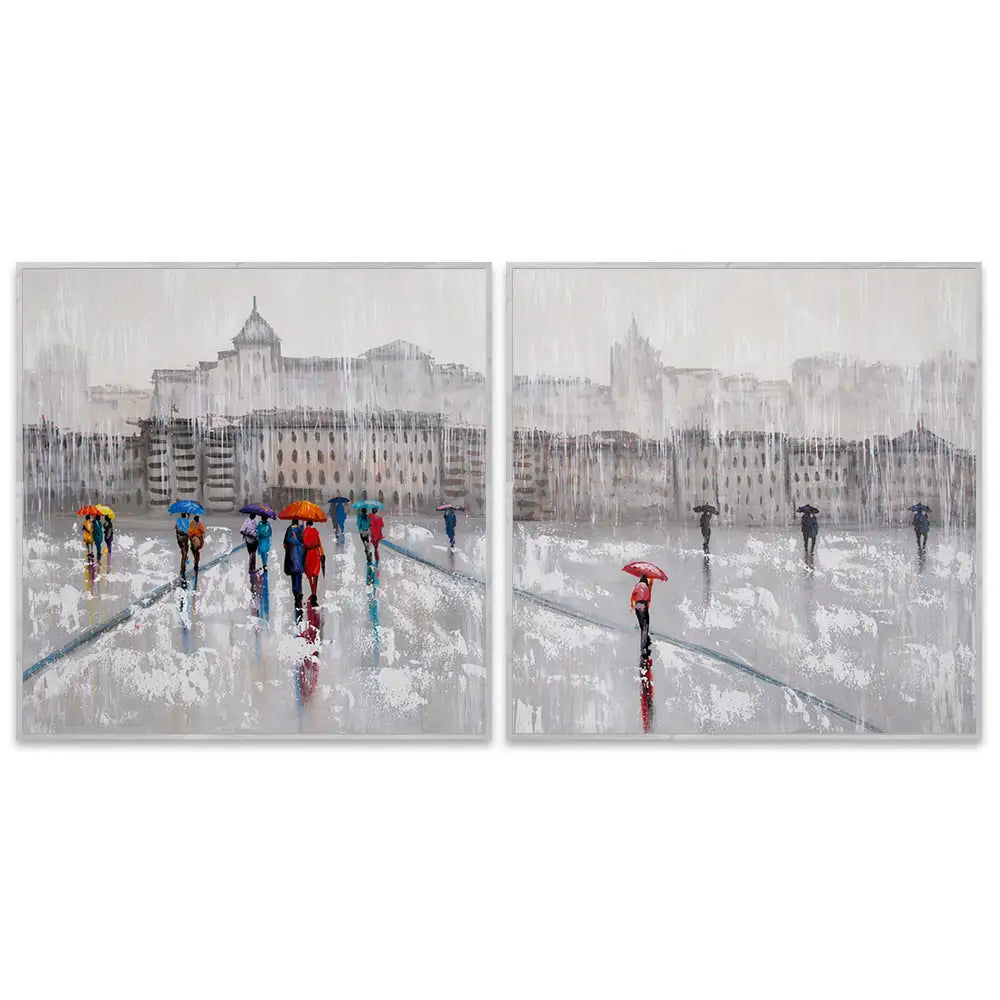 Pintura figurativa | Paseo bajo la lluvia con personas pintadas