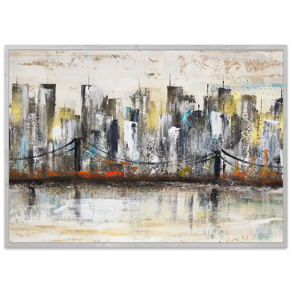 Pintura urbana con skyline y reflejo en agua