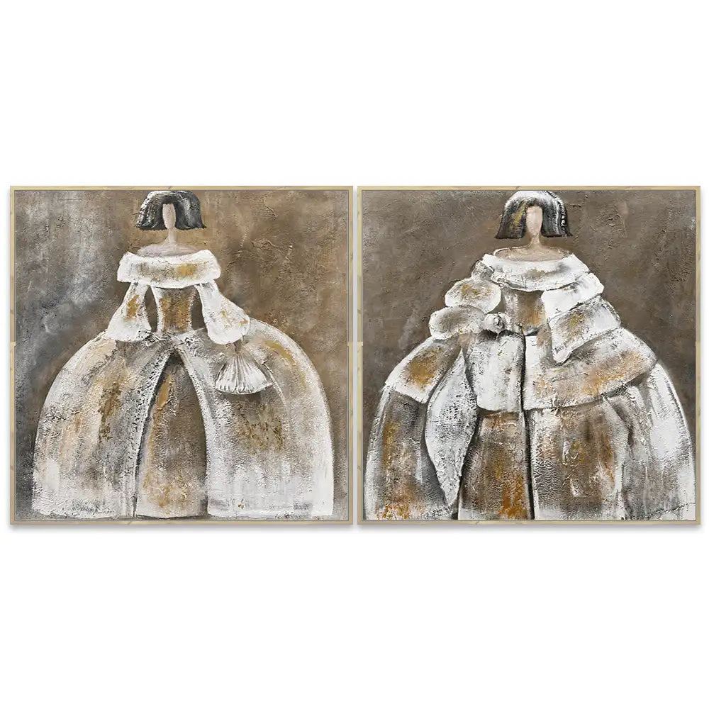 Cuadro menina artesanal en tonos beige y dorado
