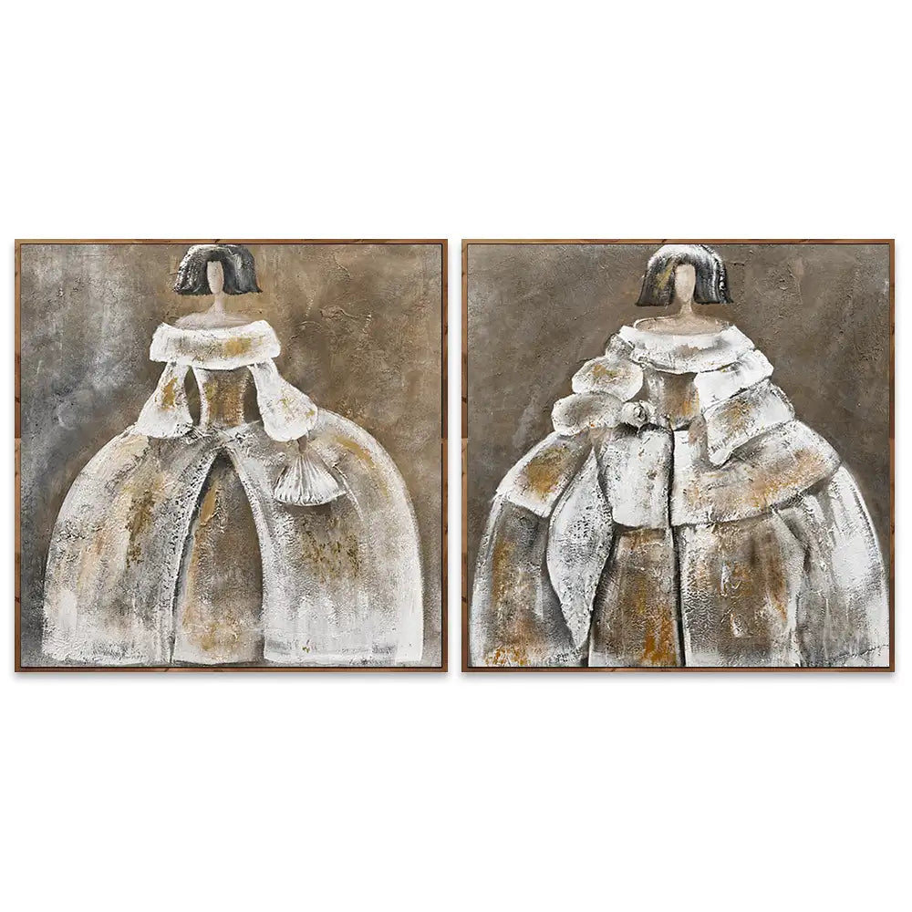 Cuadro menina artesanal en tonos beige y dorado