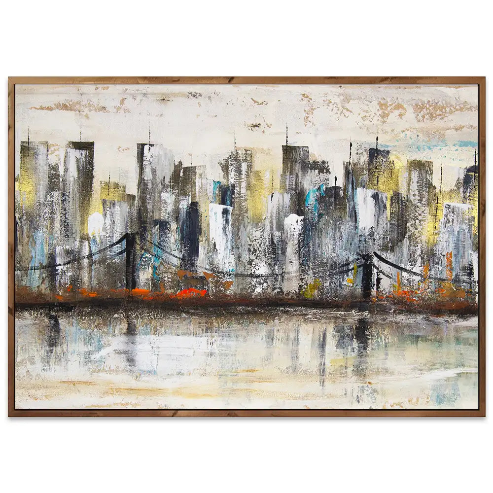Pintura urbana con skyline y reflejo en agua