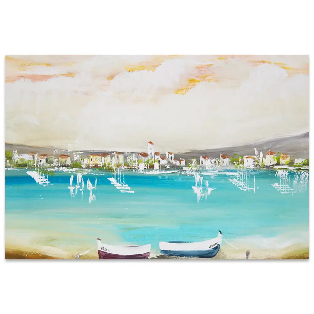 Cuadro mediterráneo moderno azul turquesa con barcos
