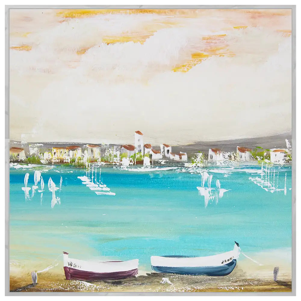 Cuadro mediterráneo moderno azul turquesa con barcos