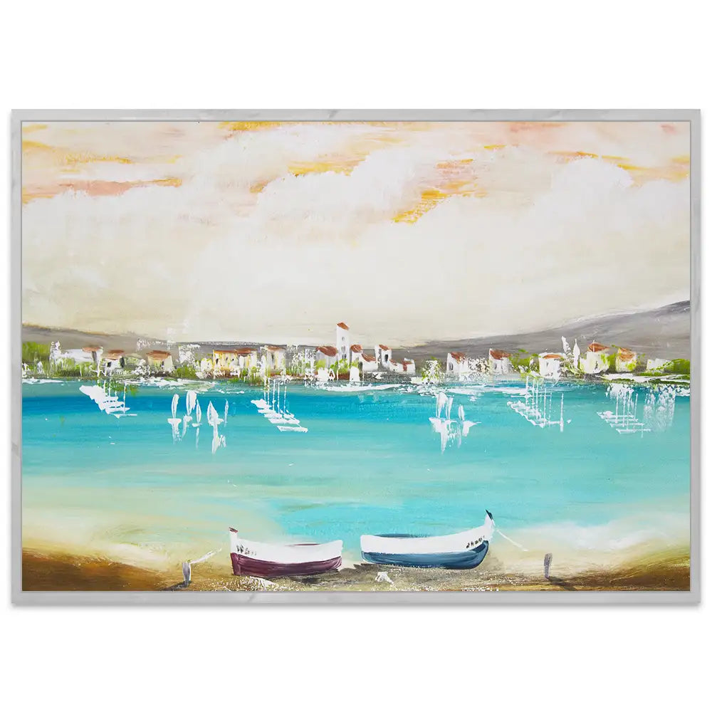 Cuadro mediterráneo moderno azul turquesa con barcos
