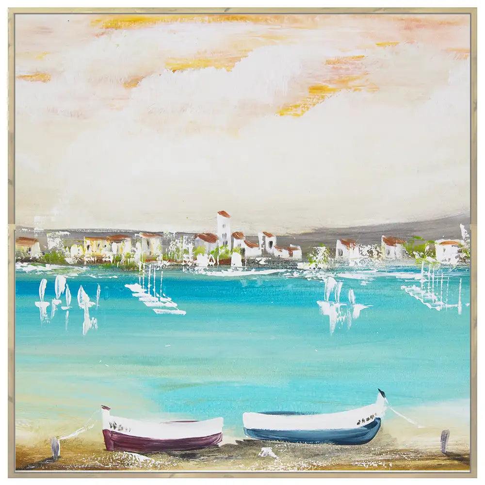 Cuadro mediterráneo moderno azul turquesa con barcos