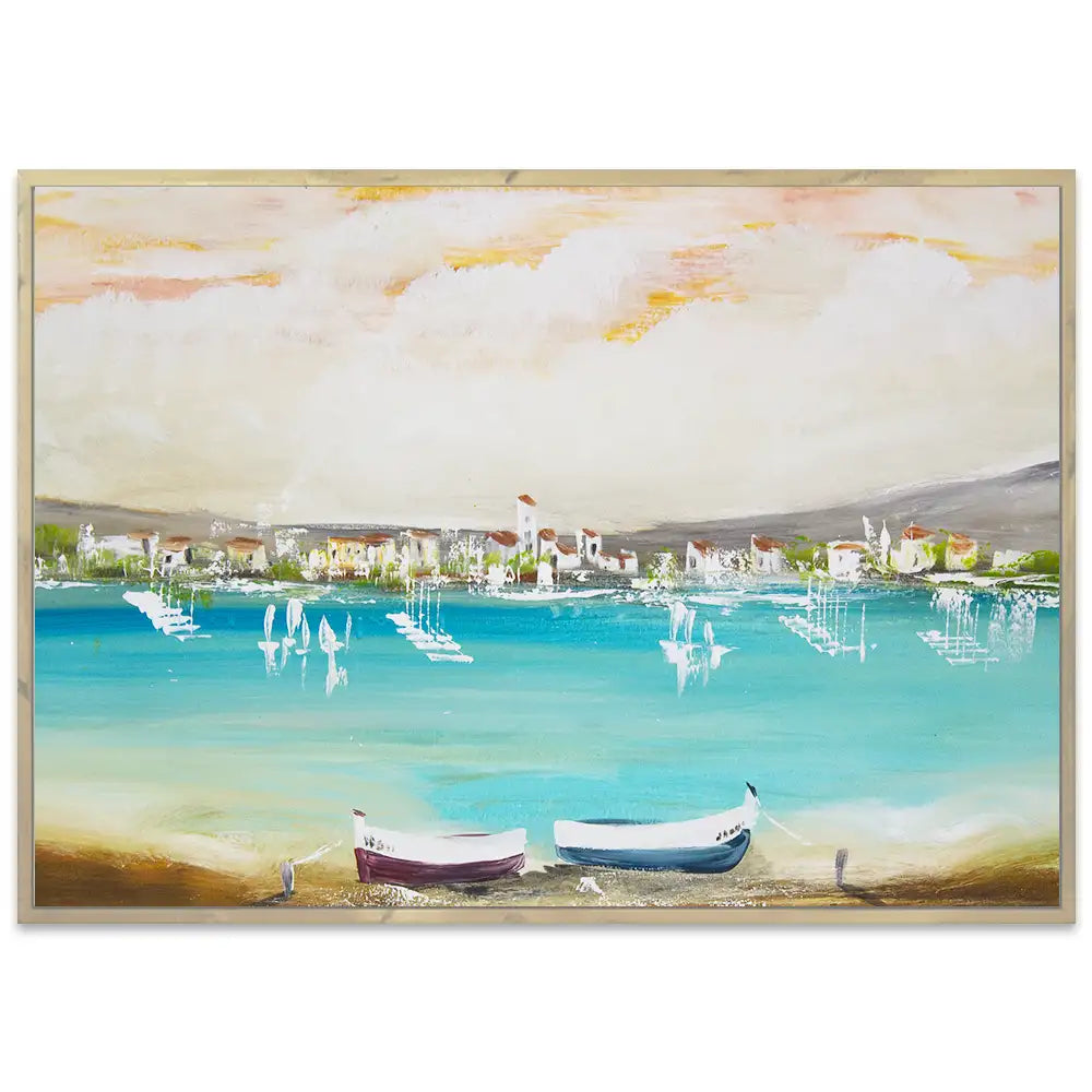 Cuadro mediterráneo moderno azul turquesa con barcos