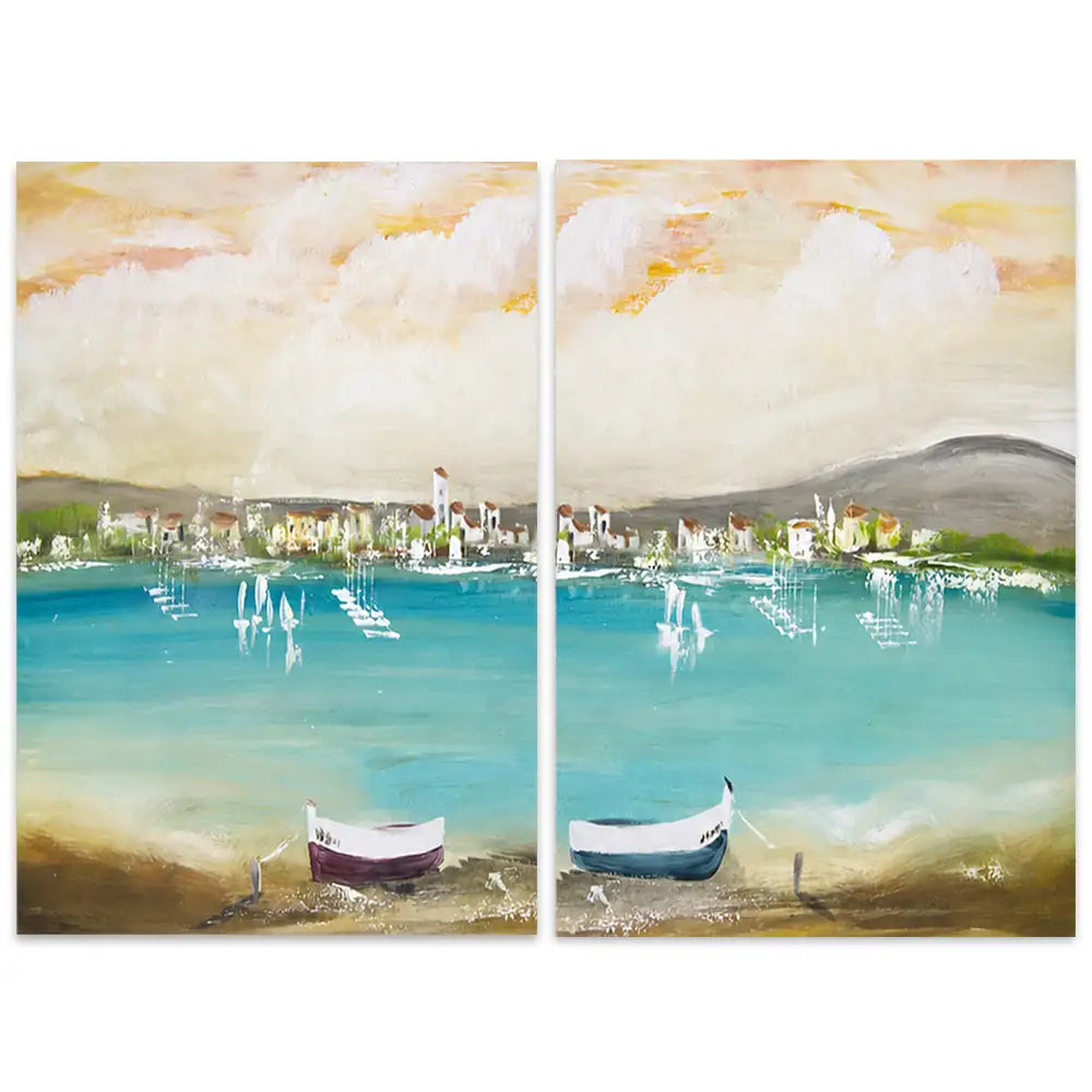 Cuadro mediterráneo moderno azul turquesa con barcos