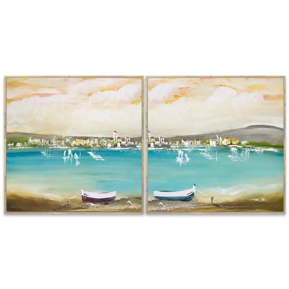 Cuadro mediterráneo moderno azul turquesa con barcos