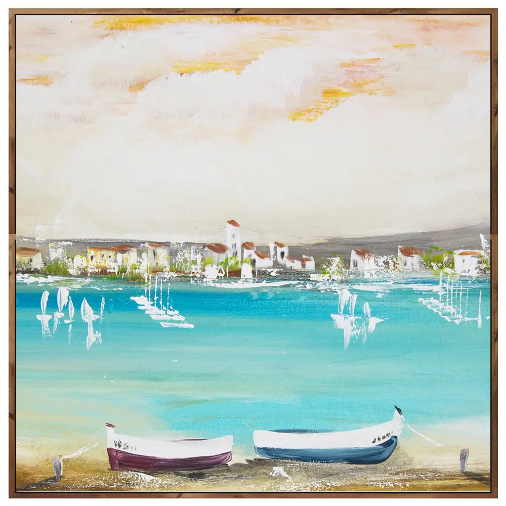 Cuadro mediterráneo moderno azul turquesa con barcos