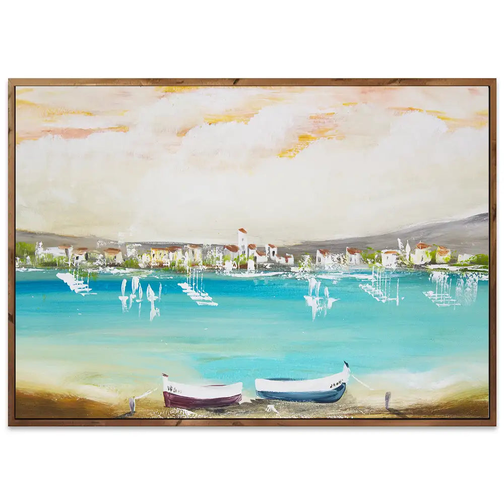 Cuadro mediterráneo moderno azul turquesa con barcos