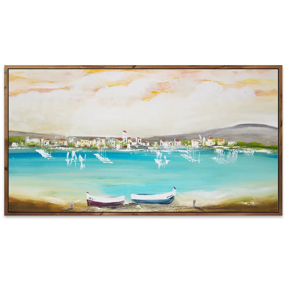 Cuadro mediterráneo moderno azul turquesa con barcos