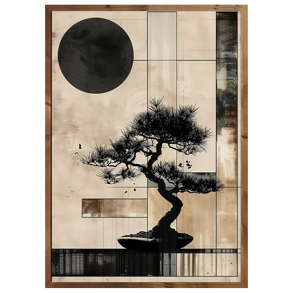 Cuadro Japandi con bonsái geométrico | Arte entre líneas