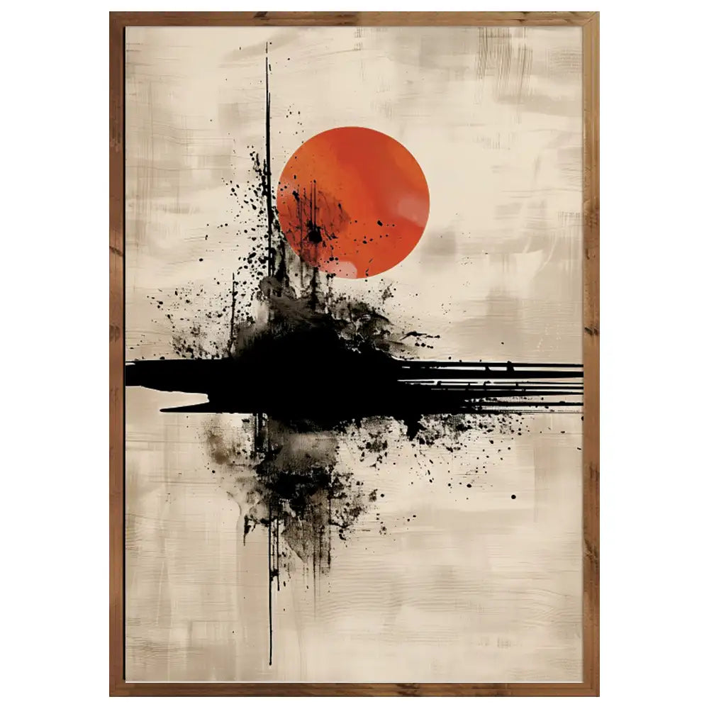 Cuadro Japandi de sol rojo y trazo negro | Estilo moderno