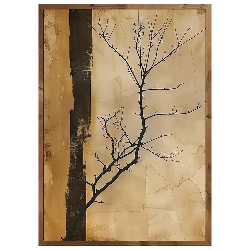 Cuadro Japandi con rama seca y fondo ocre
