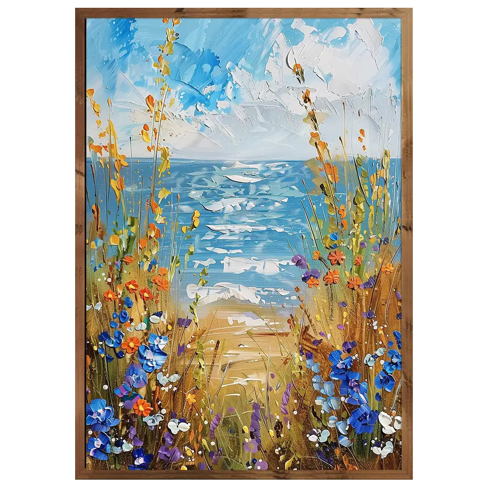 Cuadro floral con vista al mar y colores vivos