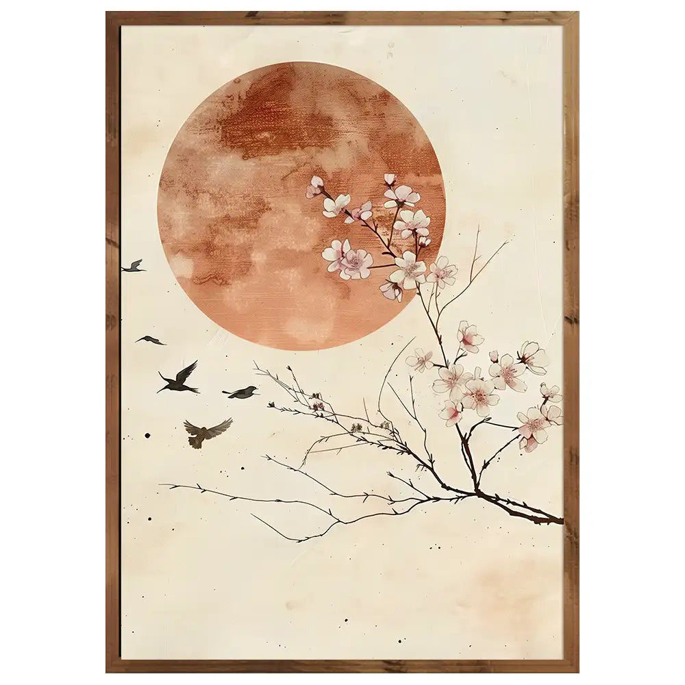 Cuadro Japandi con flor de cerezo y luna en tonos terracota