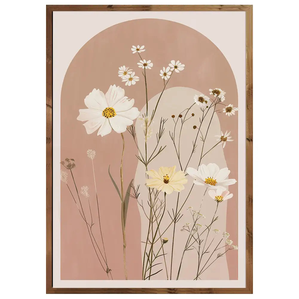 Cuadro floral en rosa palo con flores blancas y crema