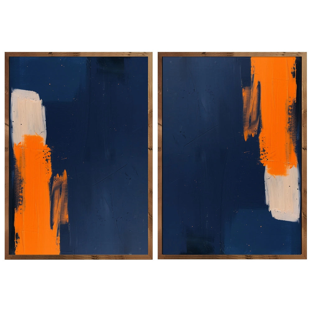 Díptico abstracto en tonos azules con acento naranja