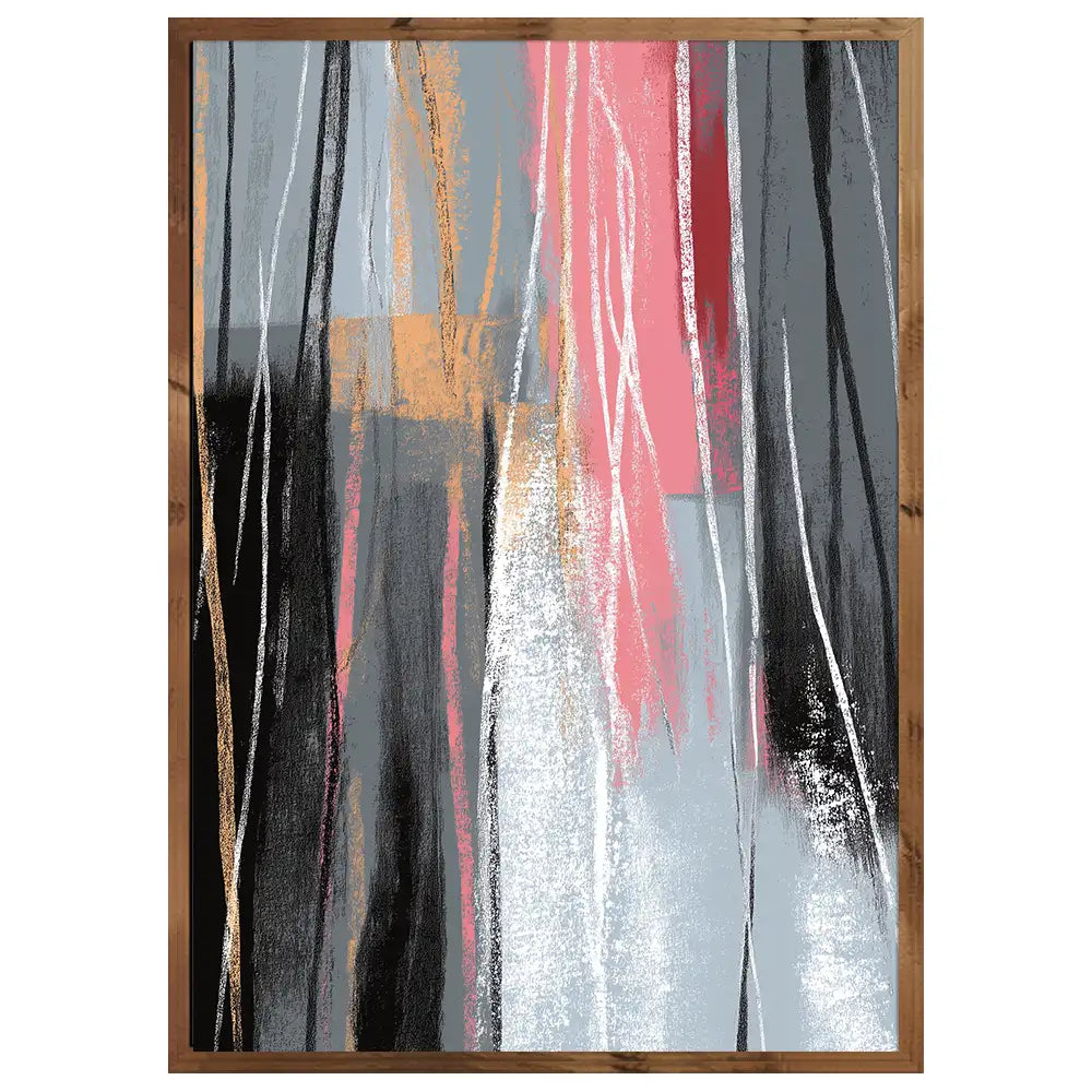 Cuadro abstracto moderno con líneas verticales en rosa y gris
