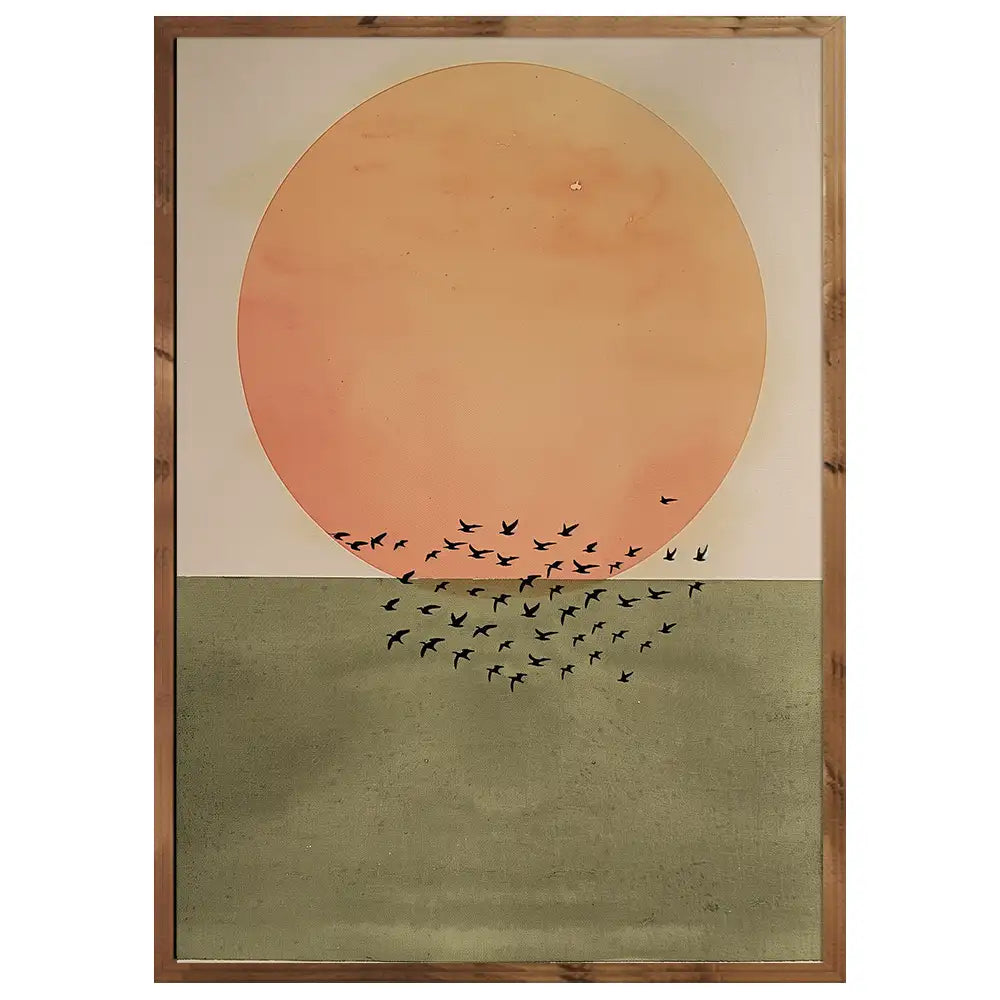 Cuadro Japandi con sol bajo y aves en vuelo