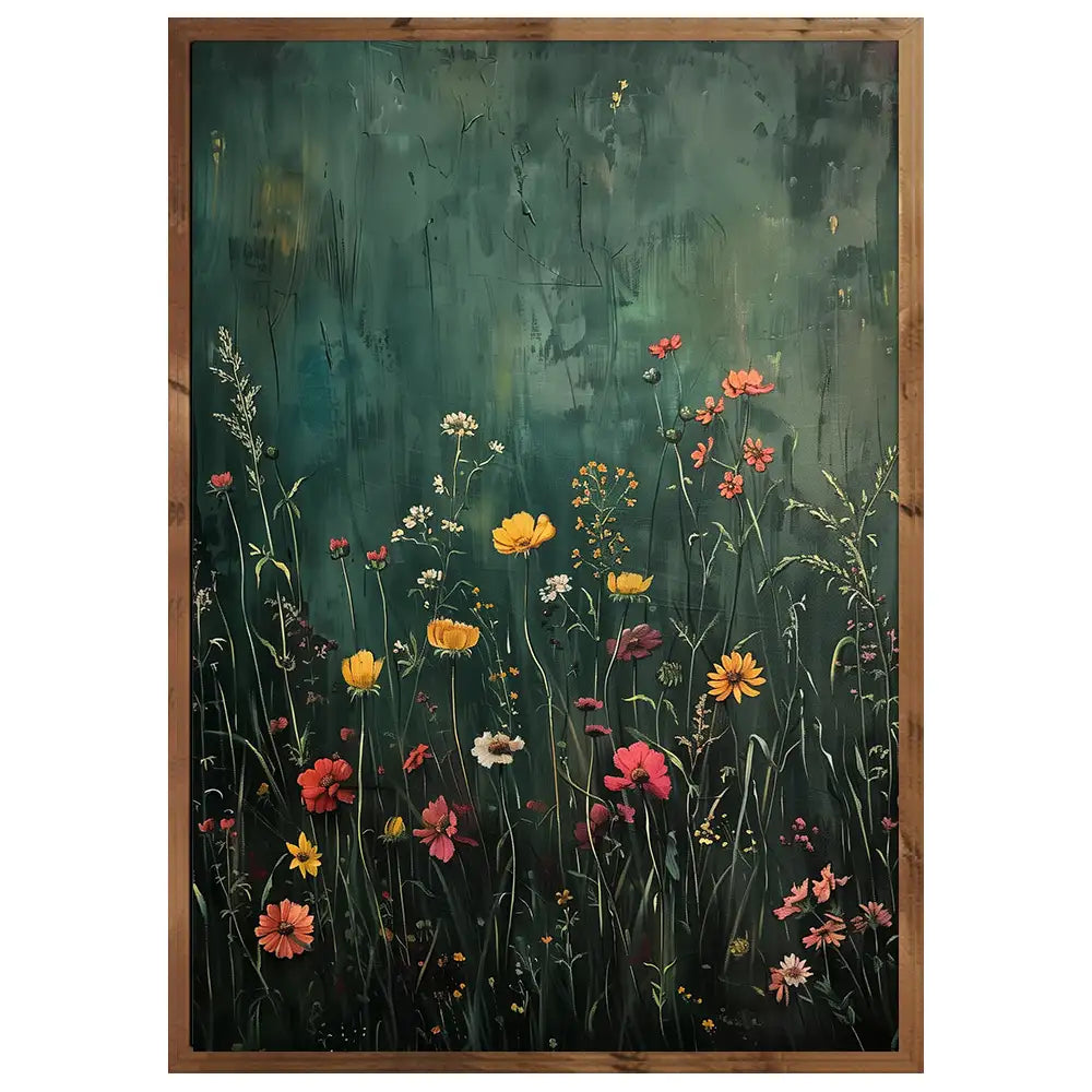 Cuadro de flores silvestres en fondo verde oscuro