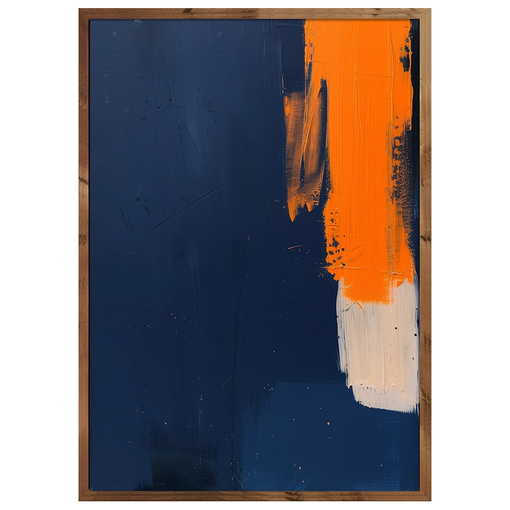 Cuadro abstracto azul con gesto vertical y contraste cromático