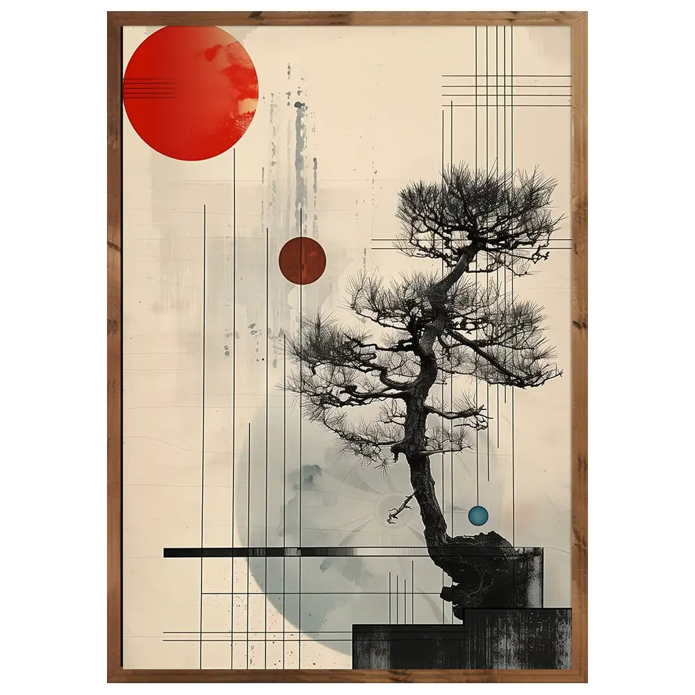 Cuadro Japandi con bonsái y círculos flotantes | Arte contemplativo