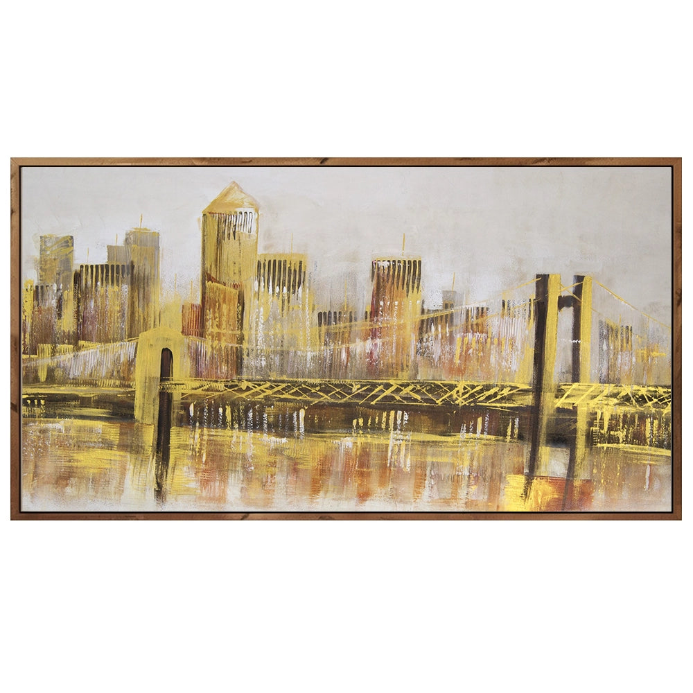 Cuadro de ciudad nocturna en tonos dorados