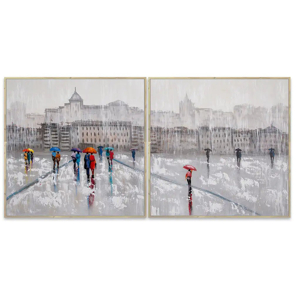 Pintura figurativa | Paseo bajo la lluvia con personas pintadas