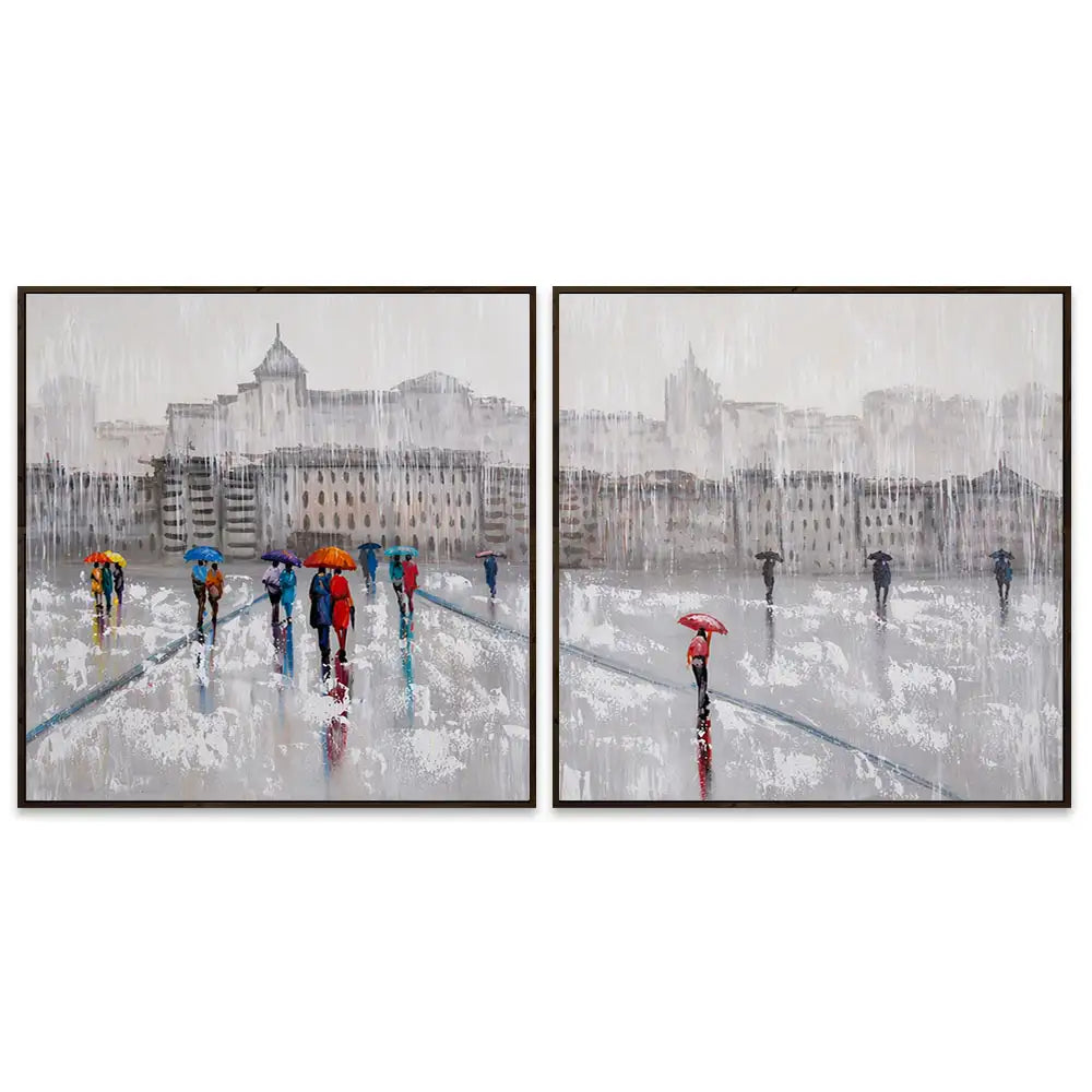Pintura figurativa | Paseo bajo la lluvia con personas pintadas