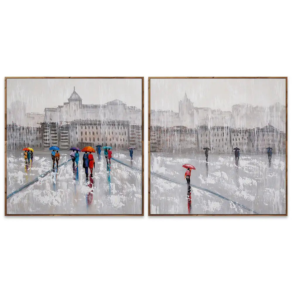 Pintura figurativa | Paseo bajo la lluvia con personas pintadas