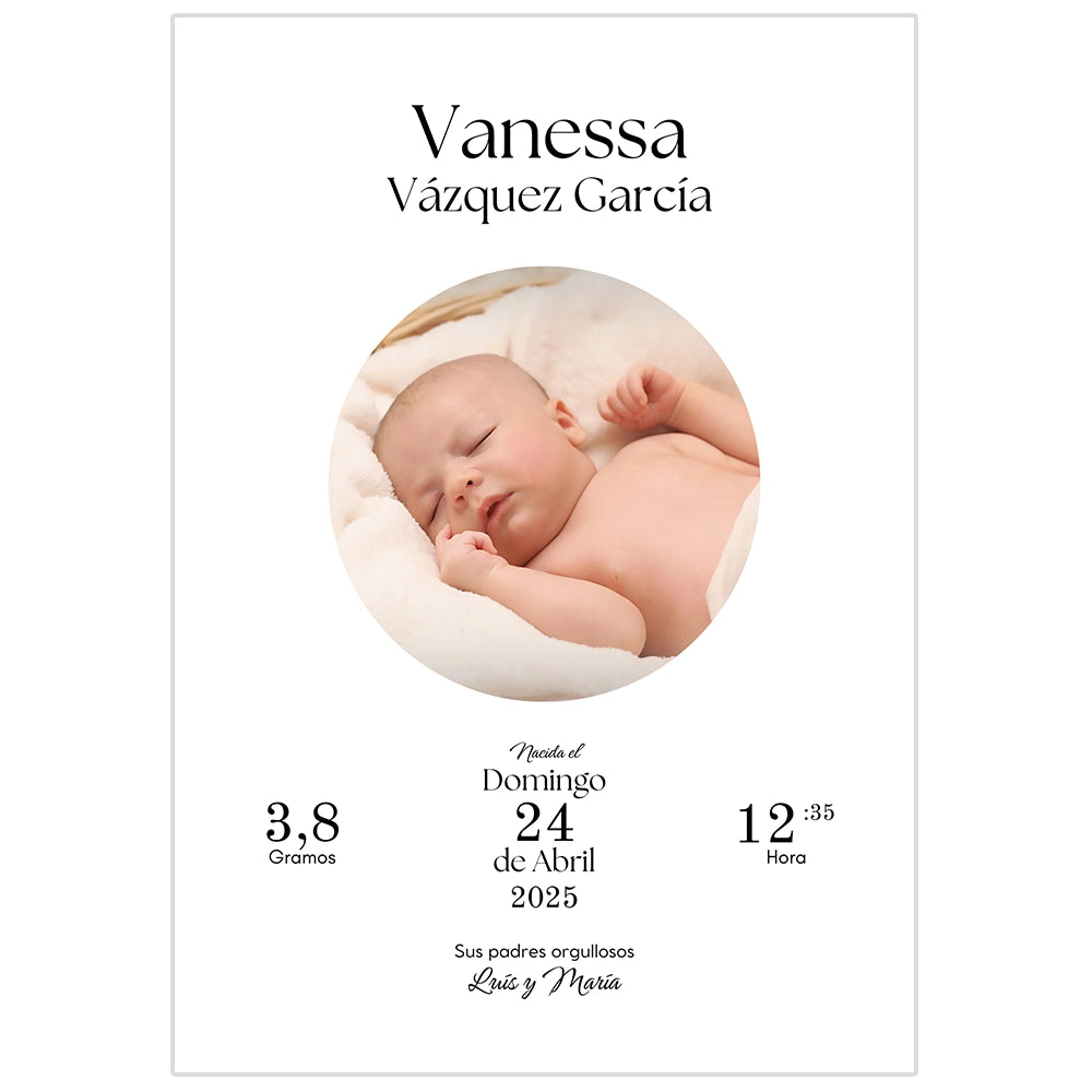 Cuadro nacimiento bebé personalizado con datos y foto