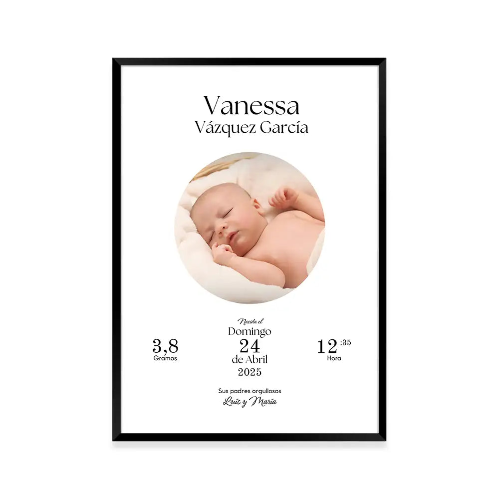 Cuadro nacimiento bebé personalizado con datos y foto