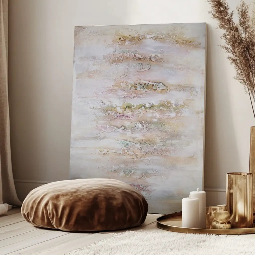 Cuadro pintado a mano con relieve en tonos metálicos suaves