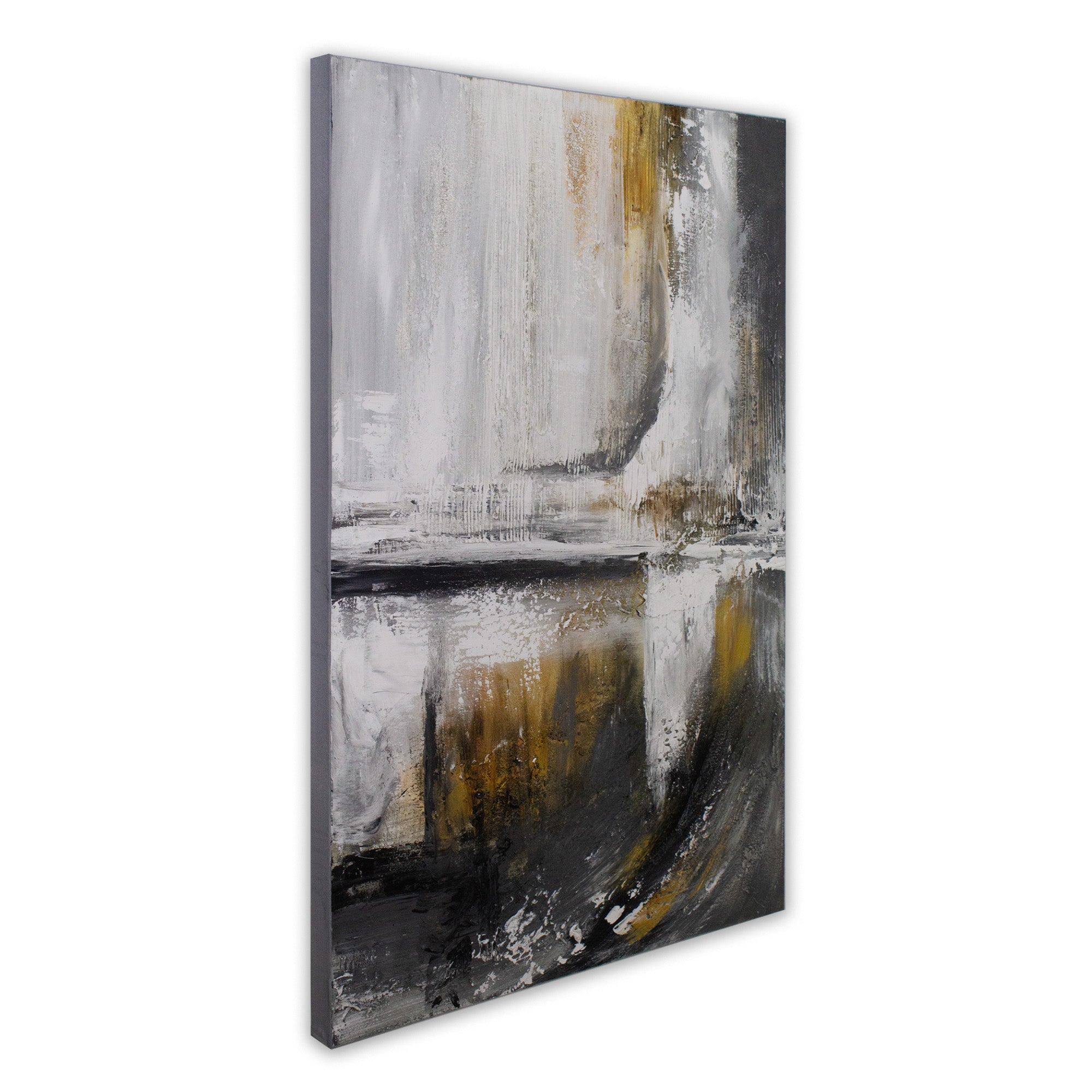 Cuadro abstracto pintado a mano con textura en tonos dorados y gris