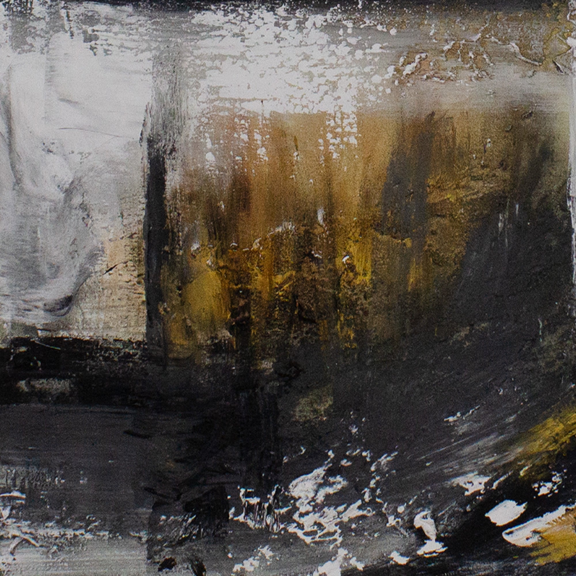 Cuadro abstracto pintado a mano con textura en tonos dorados y gris